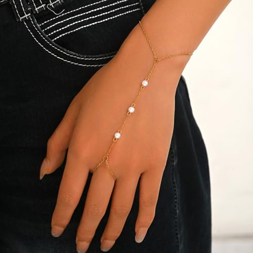 Dainty 18K Gold Plated Tiny Bracelets with Finger Ring for Women | Waterproof Hypoallergenic Adjustable Hand Harness Chain Jewelry - color: Three Pearl-GD