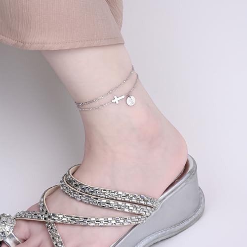 Gold Cross Ankle Bracelets for Women | Anklets for Women Waterproof with Initial Charm (A-Z) | Non Tarnish Summer Beach Jewelry Gifts for Her - color: Silver E