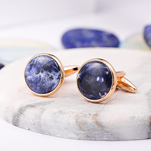 HAWSON Cufflinks and Tuxedo Studs Set for Men with Gift Box, Mother-of-Pearl Cuff links for French Cuff Shirt and Dress Shirt, Suitable for Wedding, Birthday, Party - style: Rose Gold & Sodalite Stone