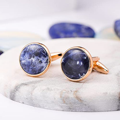HAWSON Cufflinks and Tuxedo Studs Set for Men with Gift Box, Mother-of-Pearl Cuff links for French Cuff Shirt and Dress Shirt, Suitable for Wedding, Birthday, Party - style: Rose Gold & Sodalite Stone