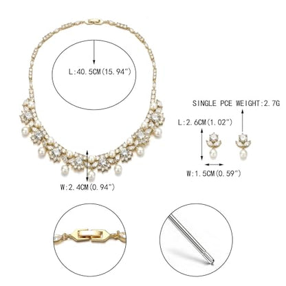 EVER FAITH Wedding Jewelry for Bride, Gorgeous Cubic Zirconia Faux Pearl Elegant Flower Bridal Prom Choker Necklace Stud Earrings Sets for Women - color: Gold Plated