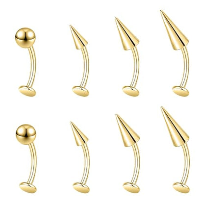 ZS 16G Devil Curved Barbell Lip Ring, Stainless Steel 6/8/10/12mm Long Bar Belly Button Ring, Flat Back Tiger Teeth Vertical Labret Lip Rook Navel Piercing Jewelry - color: Gold, size: L:12mm