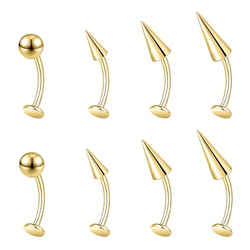 ZS 16G Devil Curved Barbell Lip Ring, Stainless Steel 6/8/10/12mm Long Bar Belly Button Ring, Flat Back Tiger Teeth Vertical Labret Lip Rook Navel Piercing Jewelry - color: Gold, size: L:12mm