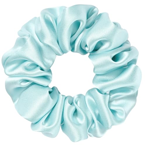 Silk Scrunchie 1.4" Medium Wide 6A 22 Momme 100% Mulberry Silk Hair Ties,Gentle on Hair No Damage No Crease for Women Girls Curly Thick Wavy Hair,Sample Fabric Provided (1, Light Blue) - color: Light Blue