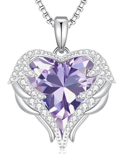 CDE Angel Wings Heart Birthstone Pendant Necklace Gift for Women | Silver/Gold Tone,Ideal Birthday & Anniversary Jewelry Gift for Wife,Girlfriend,Her - color: White-06-Alexandrite Light Purple Birthstone