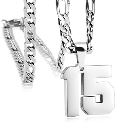 Personalized Number Necklaces for Mens,Stainless Steel Number Pendant Chain | Athletes Jersey Number Necklace;Baseball Basketball Football Sport Teams;Birthday Graduate Gift;Womens Mens Player - color: Silver, style: 15 Silver