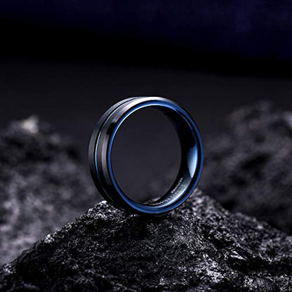 King Will Mens Tungsten Rings for Men Two Tone Grooved Mens Wedding Band Cool - color: Black & Blue 7mm