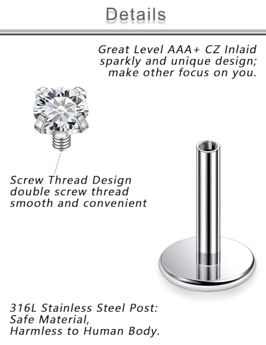 18G 16G 14G Lip Labret Medusa Nose Rings Studs Flat Back Earrings Internally Threaded 316L Surgical Steel Cartilage Tragus Helix Conch Earrings Piercing Jewelry for Women Men 6mm 8mm 10mm - color: 16G - Silver Tone-6/8/10mm Bar