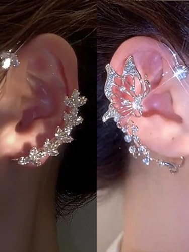 2Pcs Rhinestone Butterfly Earrings Ear Cuffs Non-Pierced Fake Earrings Butterfly Climber Wrap Around Earring Dainty Adjustable Ear Clip Jewelry for Women - color: StyleB-2 Pairs-Silver