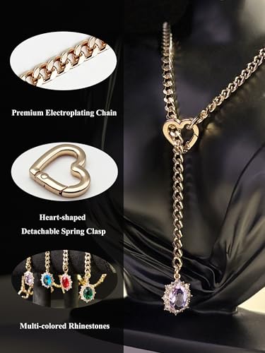 Women's Heart O-Ring Slip Chain Necklace, Double Layered Adjustable 39'' Cuban Chain with Detachable Heart Clasp and Colorful Rhinestone Pendant - color: 25'' Gold-Amethyst Purple