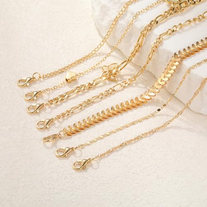 Adjustable Waterproof Layered Bracelets for Women Summer Beach Cuban Link Chain Anklets Set Herringbone Paperclip Beaded Snake Chain Stackable Anklet Stainless Steel Jewelry Bracelet - color: 7PCS-Gold