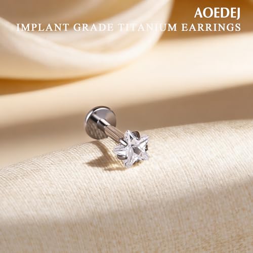 AOEDEJ 20/18/16G Titanium Internally Threaded Flat Back Stud Earrings 3/4/5mm Stars Square CZ Nose Lip Medusa Monroe Labret Piercing Jewelry for Cartilage Conch Tragus Helix Ear Studs - style: 18G-Stars
