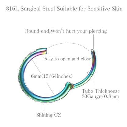 ORANGELOVE 20G 18G 16G Clear CZ Nose Ring Hoop 316L Surgical Steel Seamless Silver Septum Ring Clicker Jewelry Cartilage Earring Ear Piercing Hoop Earrings for Women Men Helix Rook Lobe Conch Tragus Daith Lip Hinged Piercing Jewelry with Cubic Zirconia -