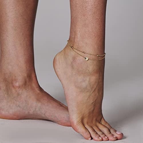 Pencros Dainty Layered Anklet,14K Gold Filled Cute Beads Satellite Chain Heart Boho Adjustable Anklets for Women - color: Layer Heart Gold