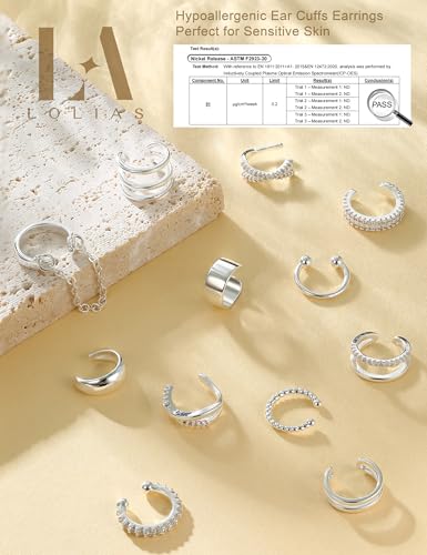 LOLIAS 12Pcs Ear Cuffs Non Piercing - 14K Gold Plated Ear Cuff Earrings for Women Adjustable Earring Cuffs for Non Pierced Ears Clip on Cartilage Earring Fake Earrings Set - color: Silver Plated