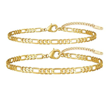Gold Cuban Ankle Bracelets for Women 14K Gold Plated Cuban Link Anklet Chunky Dainty Adjustable Gold Anklet for Women Anklet Set Stackable Figaro Cuban Link Anklets Beach Jewelry - color: gold/Figaro chain