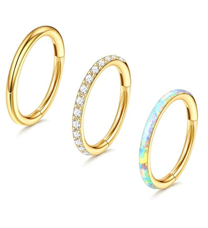 3pcs Nose Rings Hoops - 316L Surgical Steel Hinged Nose Hoops 16G/18G/20G CZ Clicker Septum Nose Ring Lip Helix Cartilage Hoop Earring Daith Rook Conch Body Piercing Jewelry for Women Men 8mm 10mm - color: Gold, size: 18 gauge(1.0mm)-8mm