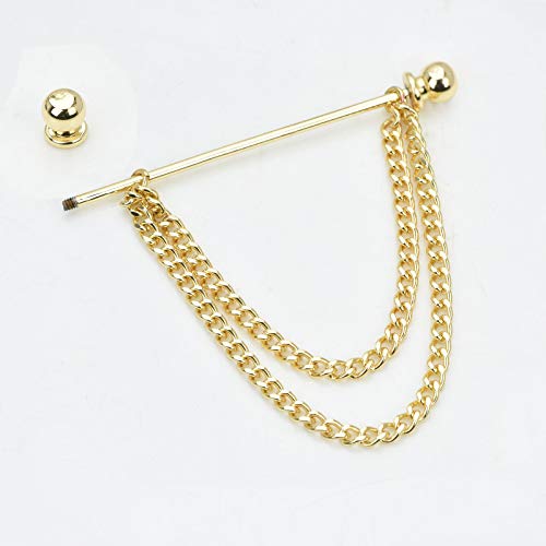 Men's Gold Plated Brass Collar Bar with Double Hanging Chain Tassel Shirt Tie Bar Collar Brooch - color: Gold Ball with Base Head