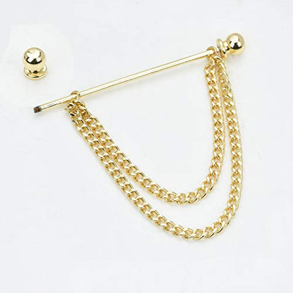 Men's Gold Plated Brass Collar Bar with Double Hanging Chain Tassel Shirt Tie Bar Collar Brooch - color: Gold Ball with Base Head