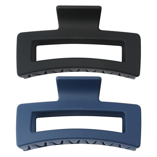 XXL Jumbo Rectangle Claw Clips for Thick Hair - Strong Hold Hair Clips | Rectangle Design | Matte Finish | Non Slip | Wide Opening | 2 Pack (Black & Navy) - color: Black & Navy