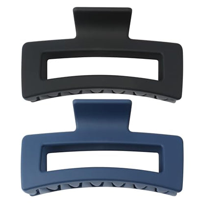 XXL Jumbo Rectangle Claw Clips for Thick Hair - Strong Hold Hair Clips | Rectangle Design | Matte Finish | Non Slip | Wide Opening | 2 Pack (Black & Navy) - color: Black & Navy