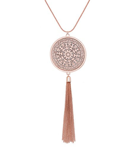 MOLOCH Long Necklaces For Woman Disk Circle Pendant Necklaces Tassel Fringe Necklace Set Statement Pendant - color: rose gold
