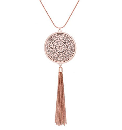 MOLOCH Long Necklaces For Woman Disk Circle Pendant Necklaces Tassel Fringe Necklace Set Statement Pendant - color: rose gold