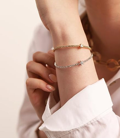 OZEL – Women’s Gold Cuff Bracelets – 18K Gold Plated Textured Bangles with Multi-Color Crystal & Rhinestone Accents – Layered Stacking Jewelry - color: RH_Star