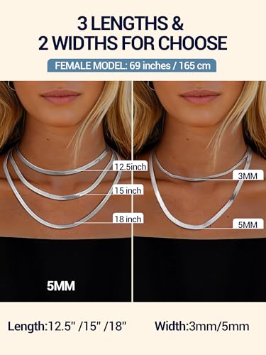 PROSTEEL 3mm/5mm Herringbone Choker Necklace for Women, 12.5"/15"/18", Stainless Steel/Sterling Silver Flat Snake Chain in Silver/Yellow Gold/Rose Gold/Black, Come with Box - color: 5mm-Stainless Steel, size: 12.5 Inch