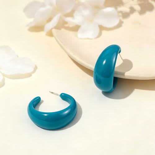 Chunky Acrylic Resin Hoop Earrings 80s 90s Statement Earrings | Thick Lightweight Costume Jewelry for Women Daily, Party, Vacation Wear, Gift for Her - color: Blue