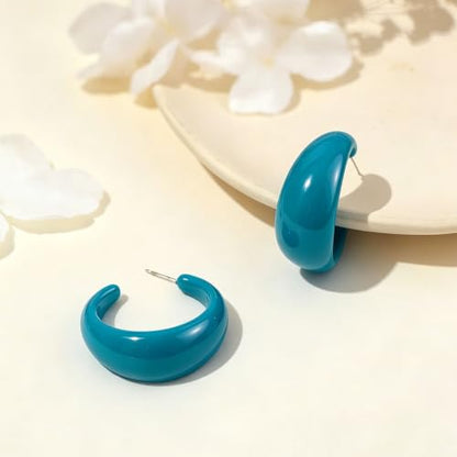 Chunky Acrylic Resin Hoop Earrings 80s 90s Statement Earrings | Thick Lightweight Costume Jewelry for Women Daily, Party, Vacation Wear, Gift for Her - color: Blue
