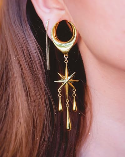 ERKUOO 2PCS Ear Gauges Star Dangle Saddle Ear Tunnels Plugs Flesh Piercing Earrings Expander For Women Body Jewelry - color: 1 Gold, size: 14 mm