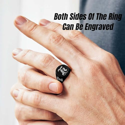 Custom Signet Ring for Men Personalized Initial Ring Custom Mens Rings Engraved Ring Customized Memorial Graduation Gifts for Father Husband Boyfriend Friends - color: Round Black