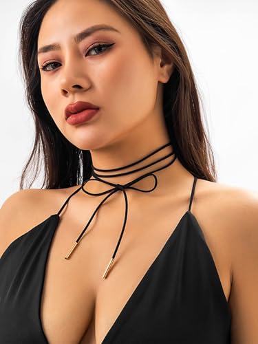 Bravace Bow Chocker Necklace for Women with Adjustable Layered Velvet Lace Collar Sexy Long Wrap Rope Gothic Choker for Party Cosplay or Daily Wear Jewelry Gift - color: Black
