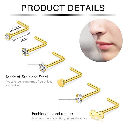 Incaton 20G Stainless Steel Nose Rings for Women Nose Rings Hoops L Shaped Nose Studs Screw Nose Piercing Jewelry for Women Men Silver Rose Gold Black Rainbow - color: 24P GOLD