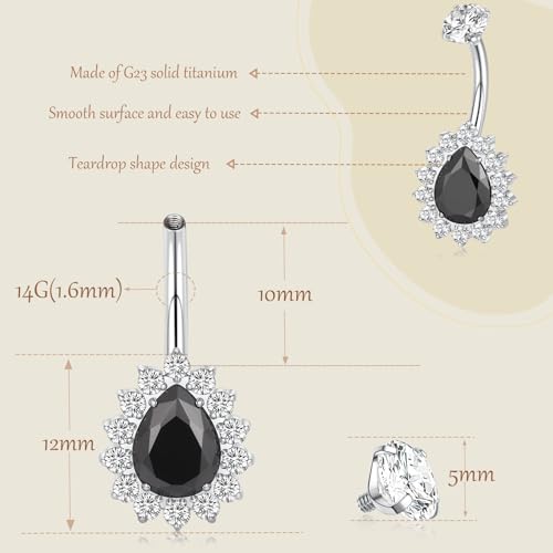 AROWRO Gold Belly Button Ring G23 Titanium Hypoallergenic 14G belly ring for Women Men Teardrop Navel Piercing Jewelry 10mm Barbell With Cubic Zircon - color: Sliver+Black CZ