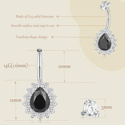 AROWRO Gold Belly Button Ring G23 Titanium Hypoallergenic 14G belly ring for Women Men Teardrop Navel Piercing Jewelry 10mm Barbell With Cubic Zircon - color: Sliver+Black CZ