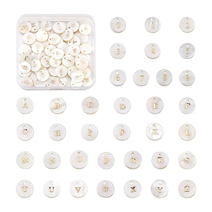 Craftdady 92pcs Freshwater Shell Alphabet Pendants Flat Round White Shell with A-Z Letter Number Bead Charms 11mm for Name Bracelets Necklaces Earrings Jewelry Crafts Making - color: Golden Letter & Number