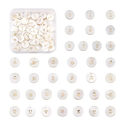 Craftdady 92pcs Freshwater Shell Alphabet Pendants Flat Round White Shell with A-Z Letter Number Bead Charms 11mm for Name Bracelets Necklaces Earrings Jewelry Crafts Making - color: Golden Letter & Number