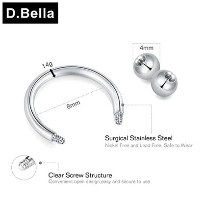 D.Bella 22G 20G 18G 16G 14G 12G 10G 8G 6G 4G 2G 0G 00G Surgical Steel Nose Septum Horseshoe Hoop Eyebrow Lip Navel Belly Nipple Piercing Ring Helix Tragus Daith Rook Captive Earrings Replacement Spikes - color: A1 -4pcs, silver & black, size: 14g,8mm