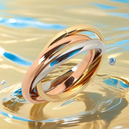 Interlocked Rolling Anxiety Fidget Ring for Women Men Stainless Steel Gold Siver Rose Triple Row Rolling Interlocking Statement Finger Rings Stress Relief Band Stacking Fashion Promise Jewelry - size: 6