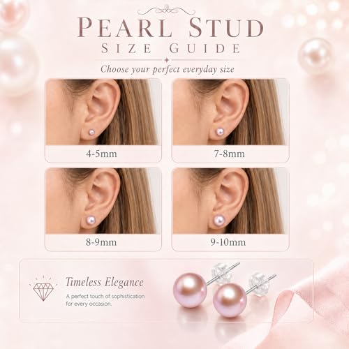 Cultured Pearl Stud Earrings for Women, Sterling Silver Hypoallergenic Gift - color: lavender, size: 10mm
