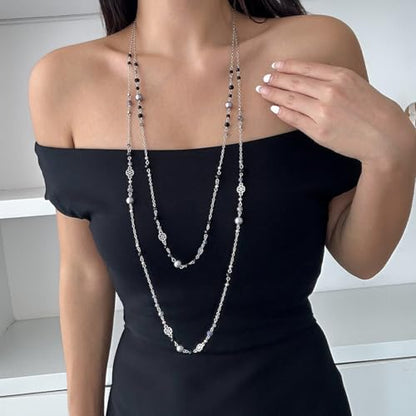 Long Pearl Necklaces for Women Pearl Long Chain Necklace Gold Chain Dainty Delicate Station Necklace Jewelry for Dress Party - color: Black