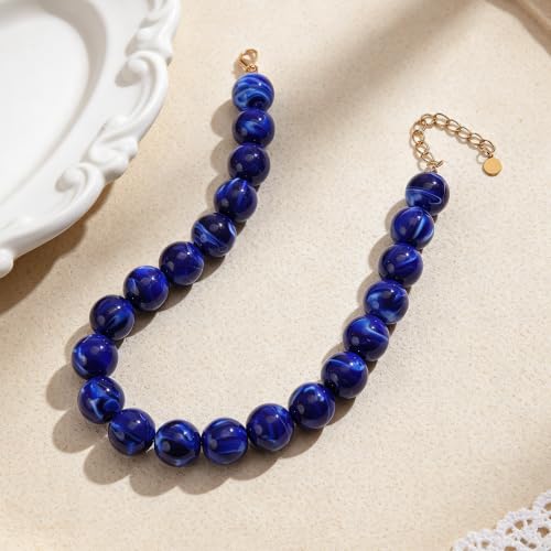 Chunky Beaded Necklace for Women Trendy Boho Collar Statement Necklace Large Round Resin Beads Choker Necklaces Summer Beach Jewelry Gifts - color: Dark Blue