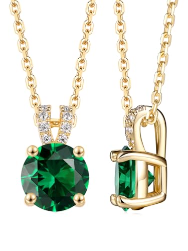 CYW Genuine Sapphire/Emerald/Ruby/Moissanite Necklace for Women, Really Authentic Solid 925 Sterling Silver, 16"/18"/20" Adjustable Chain, Anniversary Mother's Day Valentines Gift - color: Emerald - Round - Yellow Gold, size: 6.5mm