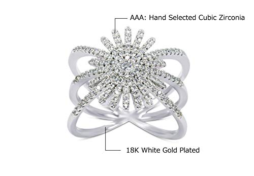Savlano 18K White Gold Plated Cubic Zirconia Starburst Ring for Women