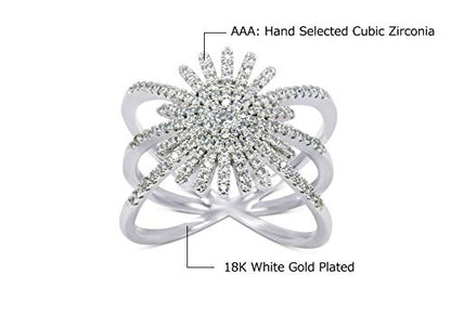 Savlano 18K White Gold Plated Cubic Zirconia Starburst Ring for Women