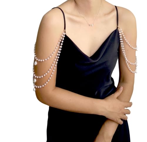 2 Pcs Pearl Shoulder Chain Detachable Bridal Arm Jewelry Layered Beaded Tassel Epaulettes for Wedding Prom Dress Sleeves Pearl Straps Accessory