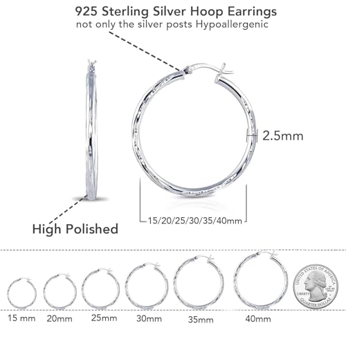 Charmsy 925 Sterling Silver Hoop Earrings | Lightweight Italian 2.5mm Tube Diamond-Cut Round Classic Hoops Earring for Women | Size 15/20/25/30/35/40/50/60/70mm | Small Medium Large - color: Diamond-Cut, size: 35 MM