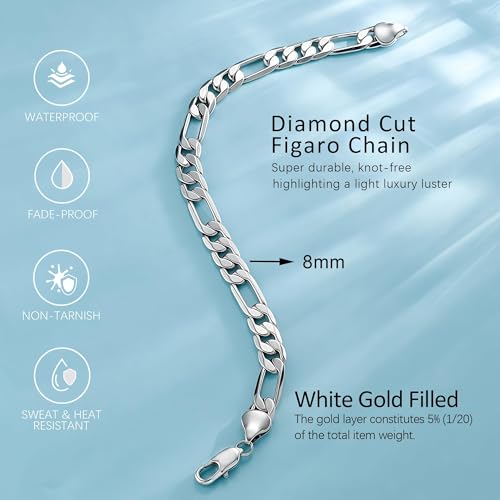 ⅓inch(8mm) White Gold Figaro Chain Bracelets for Men,Luxury Mens Bracelet,High-end Silver Chain Bracelets for Women,Hypoallergenic Durable Stacking Bracelet Gift for Boyfriend,Dad,Grilfriend 7.5-9IN - size: 9IN